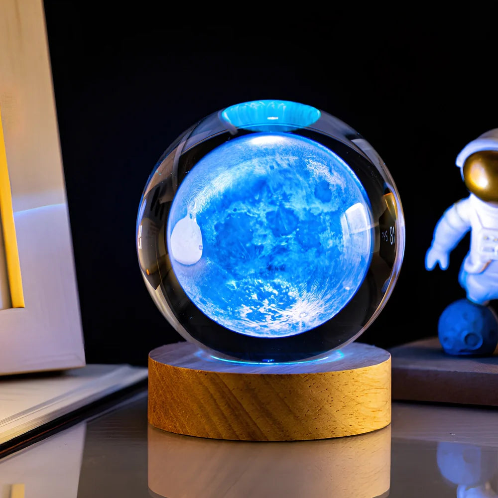 6cm crystal ball night light with Milky Way design on colourful base, USB cable connected