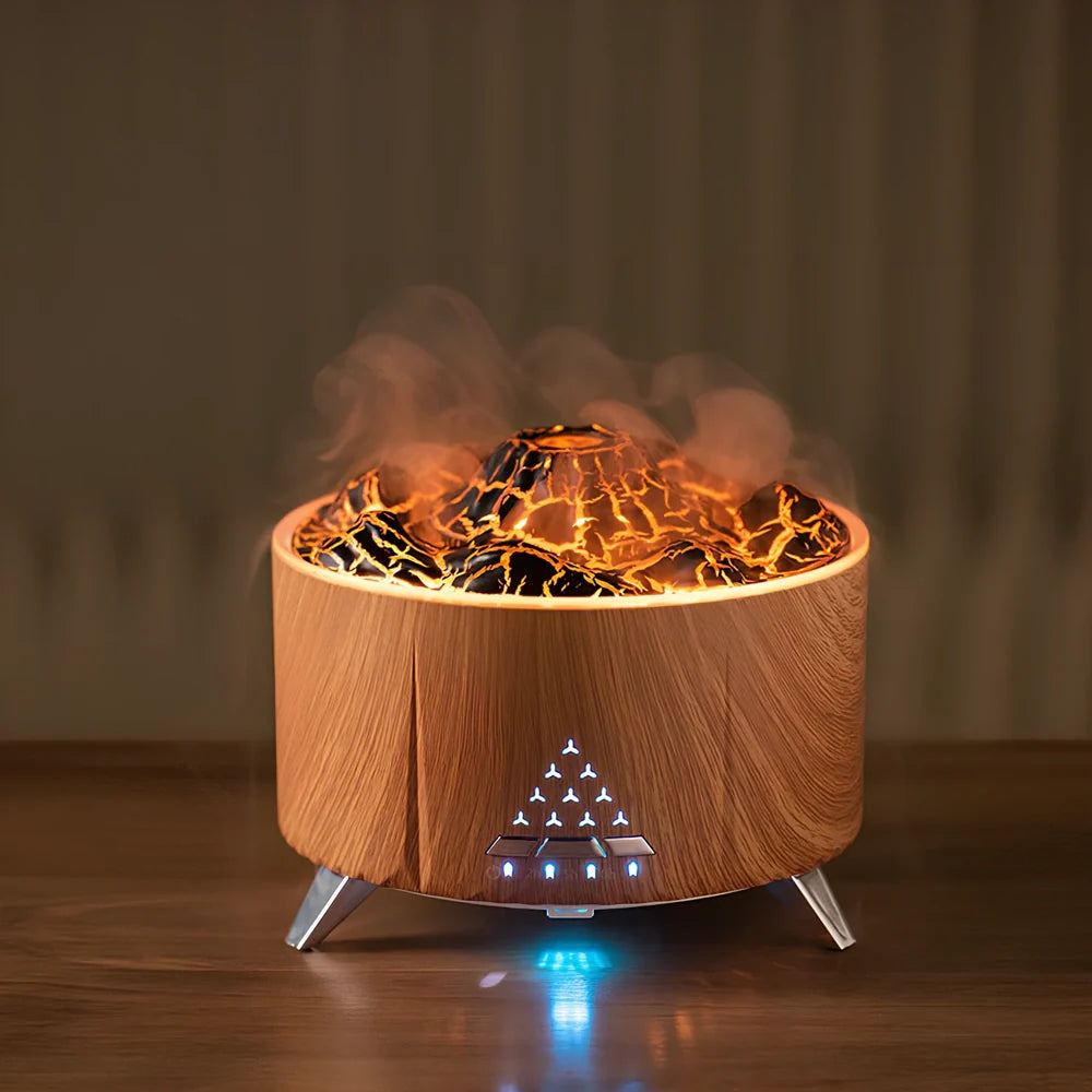 White flame aroma diffuser with Bluetooth speaker, 350ml tank, and adjustable mist output
