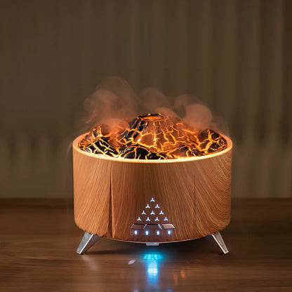 White flame aroma diffuser with Bluetooth speaker, 350ml tank, and adjustable mist output
