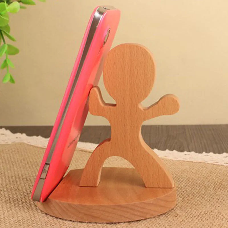 Beech wood mobile phone holder with coin slot showing adjustable angle and resin decorative elements