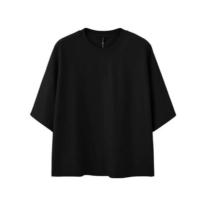 Men's sand grey loose fit cotton-polyester short sleeve T-shirt displayed flat