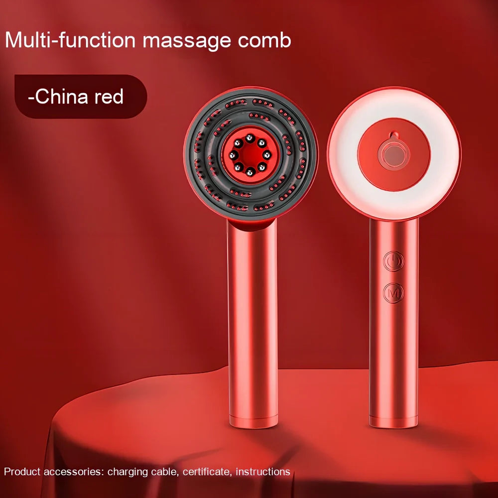Fluffy comb scalp massager with infrared light therapy functions showing comb attachment and control buttons