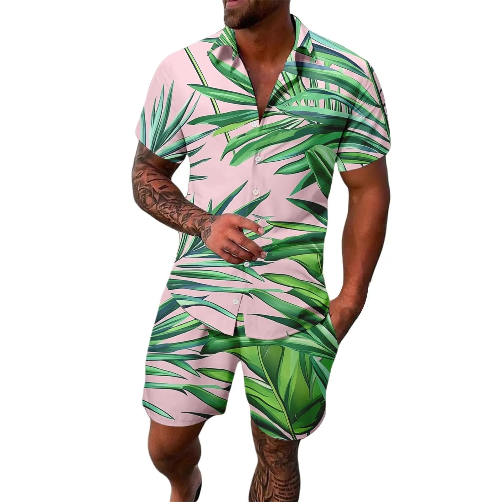 Man wearing a digitally printed short sleeve casual suit set with matching trousers.