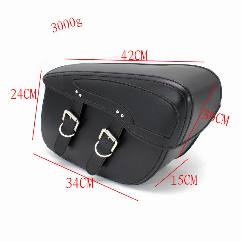 Retro-style black PU leather motorcycle side box mounted on a bike rail.