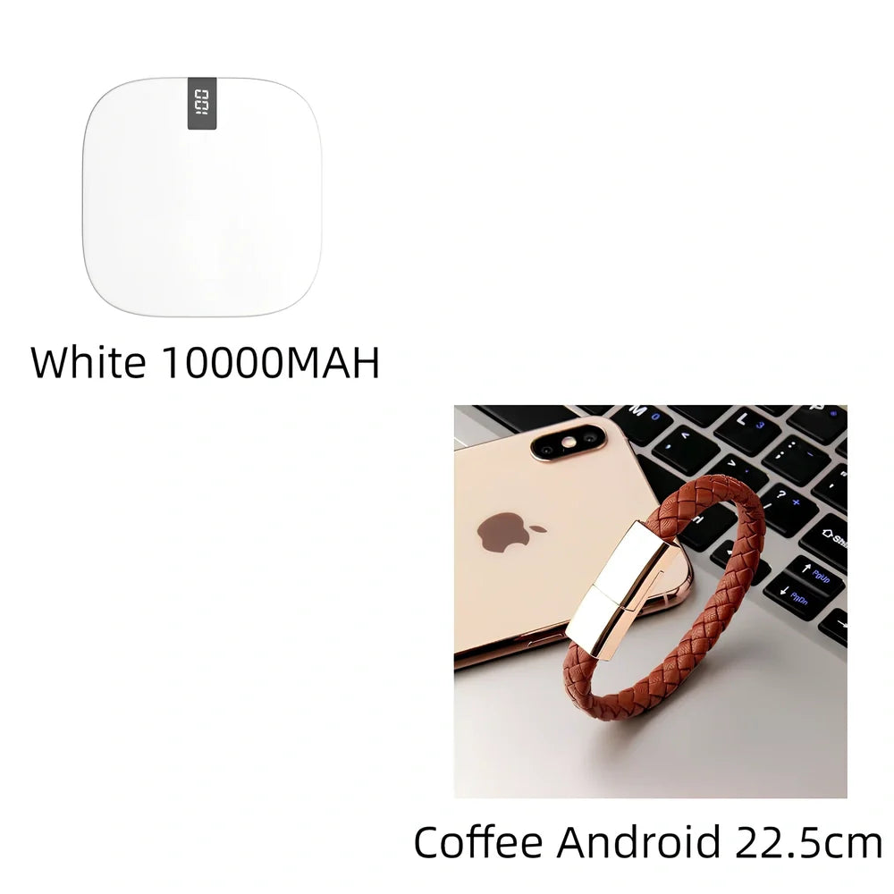 Red 10000 mAh mini power bank with digital display showing battery percentage, measuring 90x64x24mm