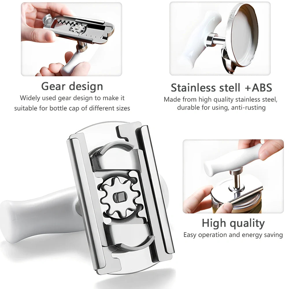 Adjustable stainless steel jar opener with ABS plastic handle, showing steel teeth and collapse feature