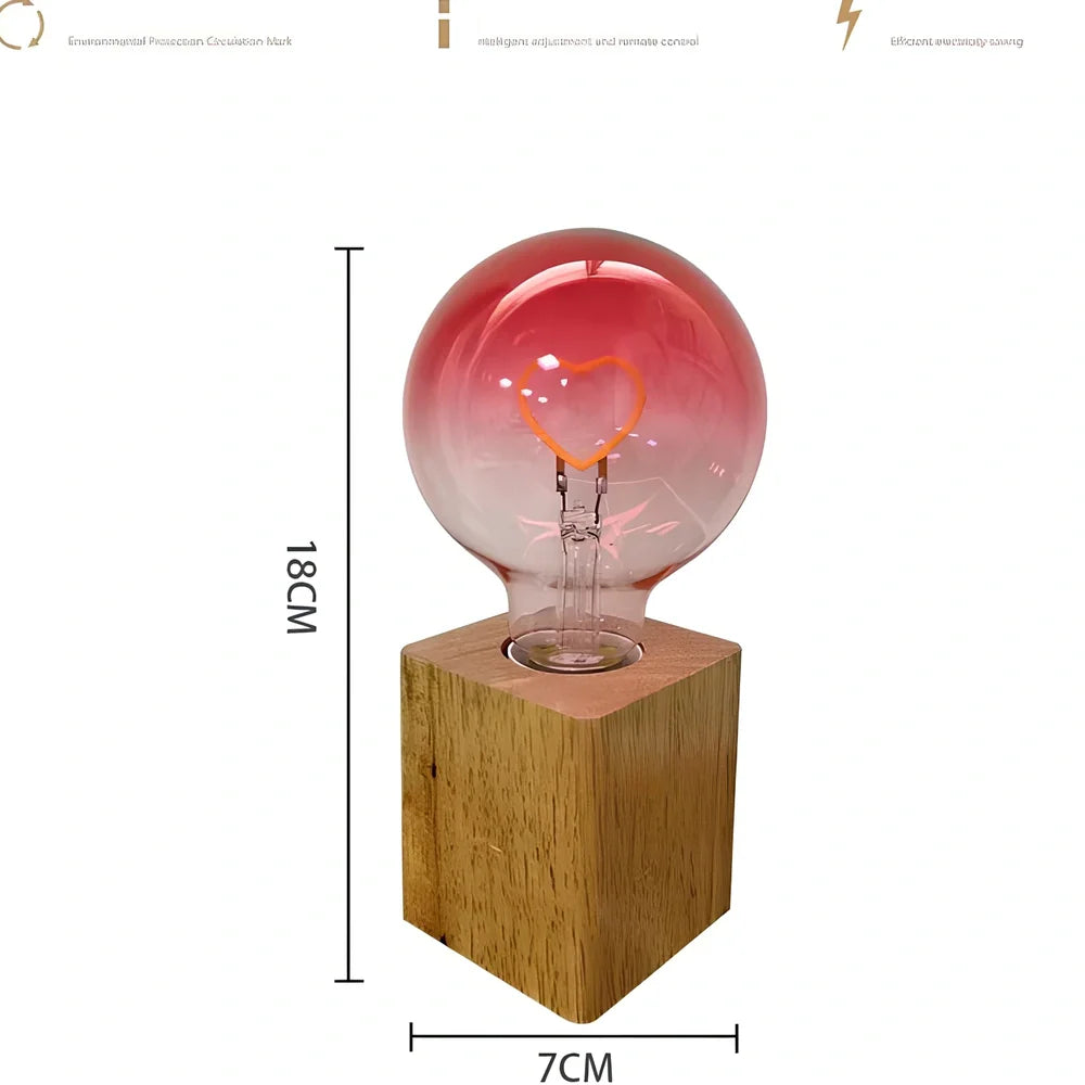 Cute atmosphere lamp night light, 7cm x 18cm glass shade on wood base, 3W LED in red love, green love or colorful double layer for 8-15m² rooms
