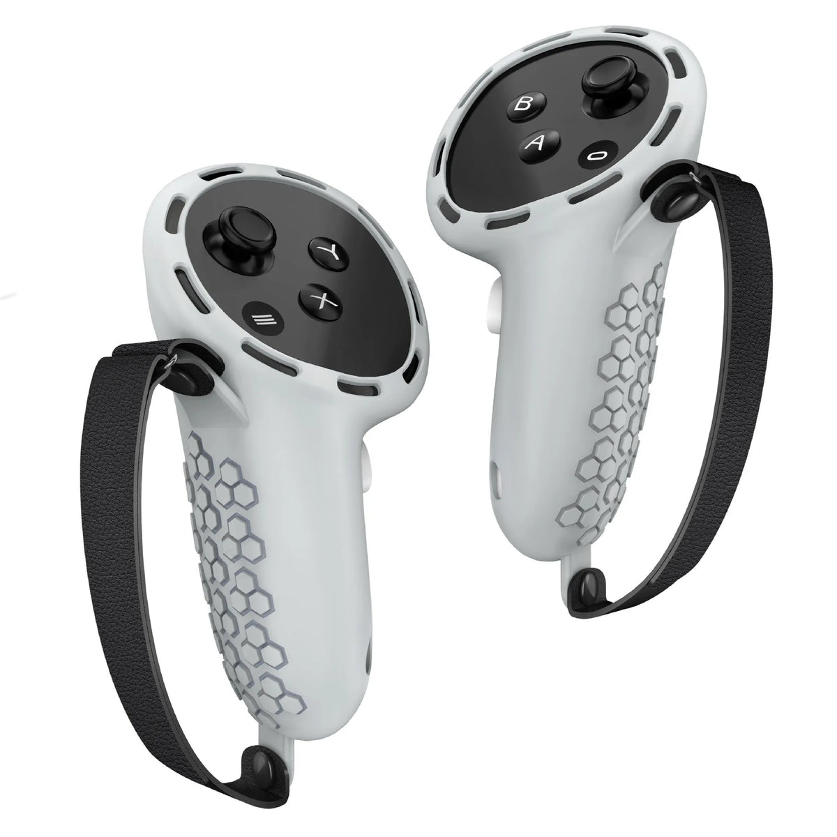 Meta Quest 3 VR controller with black silicone protective sleeve and wrist strap attached