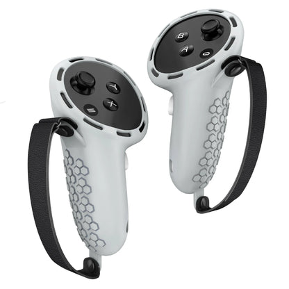 Meta Quest 3 VR controller with black silicone protective sleeve and wrist strap attached
