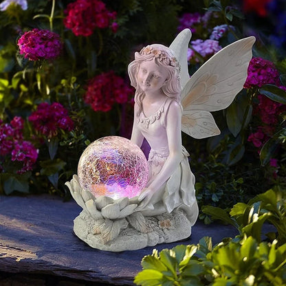 European-style flower fairy resin statue holding glass ball, perfect for garden and home decor