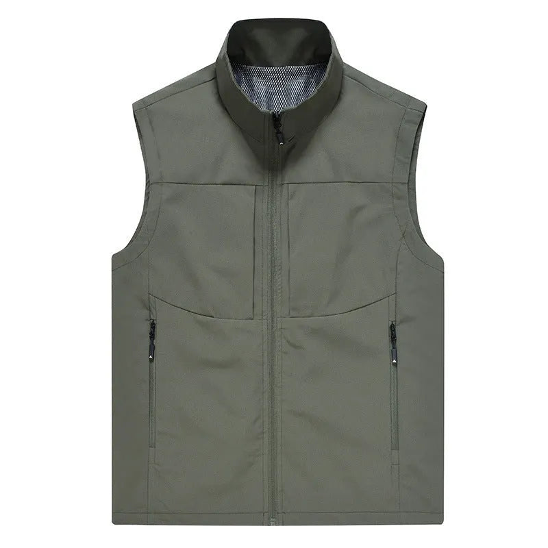 Men's loose fit casual cardigan vest in army green with stand collar and zippered pockets