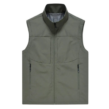 Men's loose fit casual cardigan vest in army green with stand collar and zippered pockets