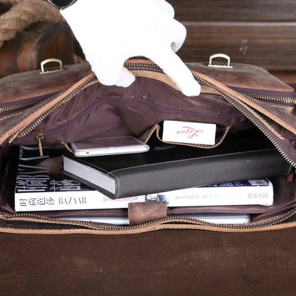 Yellow-brown genuine Crazy Horse leather mens messenger bag with shoulder strap and nylon lining