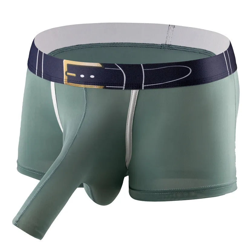 A pair of men's solid colour ice silk boxers on a mid waist model.