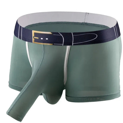 A pair of men's solid colour ice silk boxers on a mid waist model.