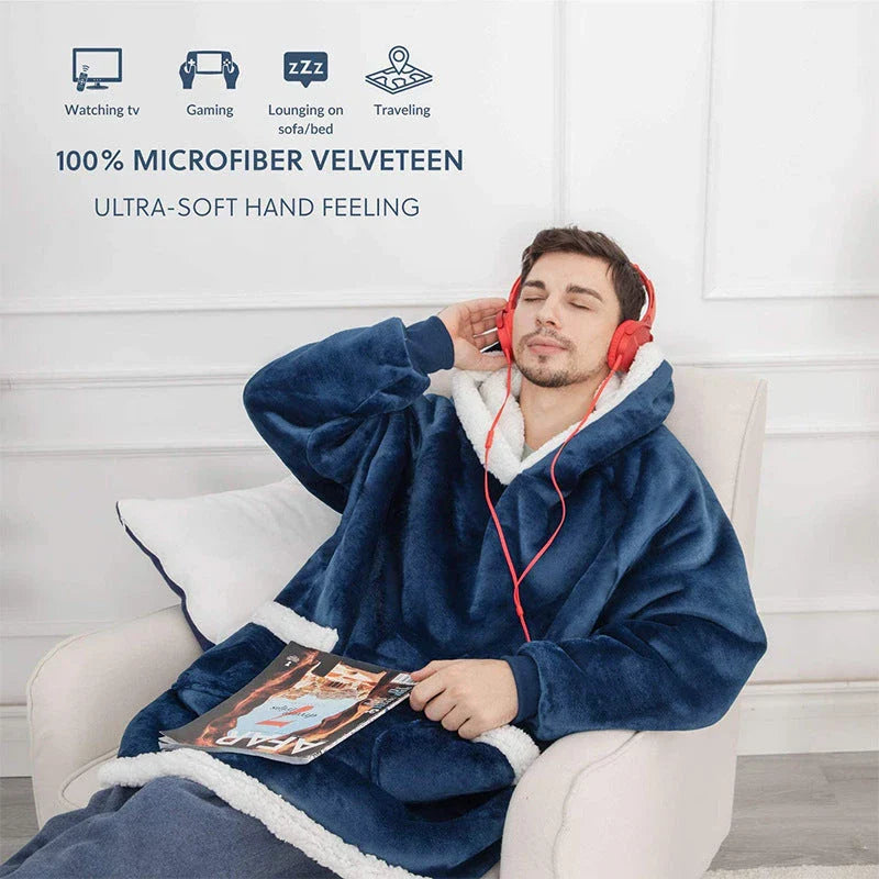 Cozy TV Blanket Hoodie in a variety of colors, featuring a plush polyester design with a front pocket and adjustable drawstring hood