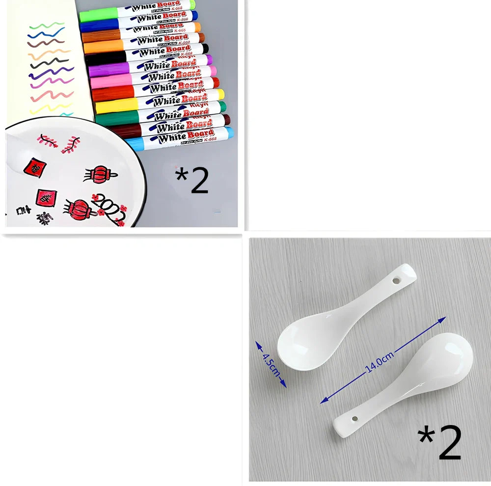 Children's 12-colour floating pen water painting set with plastic spoon, 15cm pens for mess-free art on paper