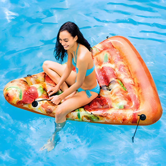Large inflatable pizza surfboard recliner floating in a swimming pool.