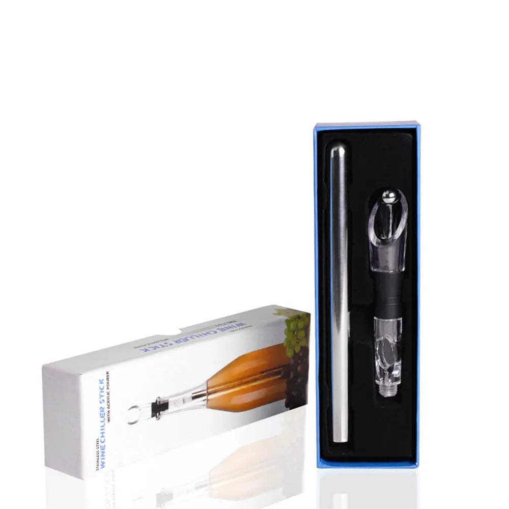 Stainless steel wine chilling rod with acrylic aerator pourer for cooling bottles from inside