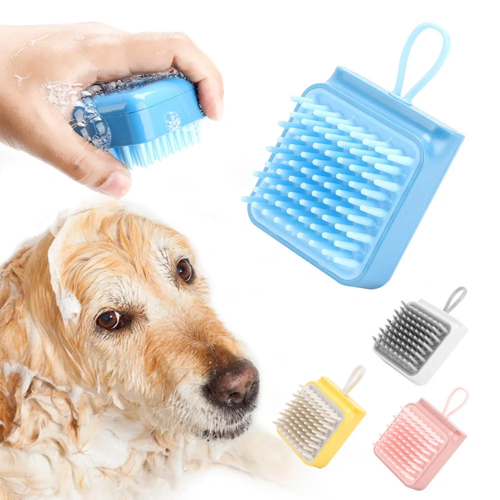 Multifunctional pet grooming brush with soft TPR combs in white, pink, blue, and yellow