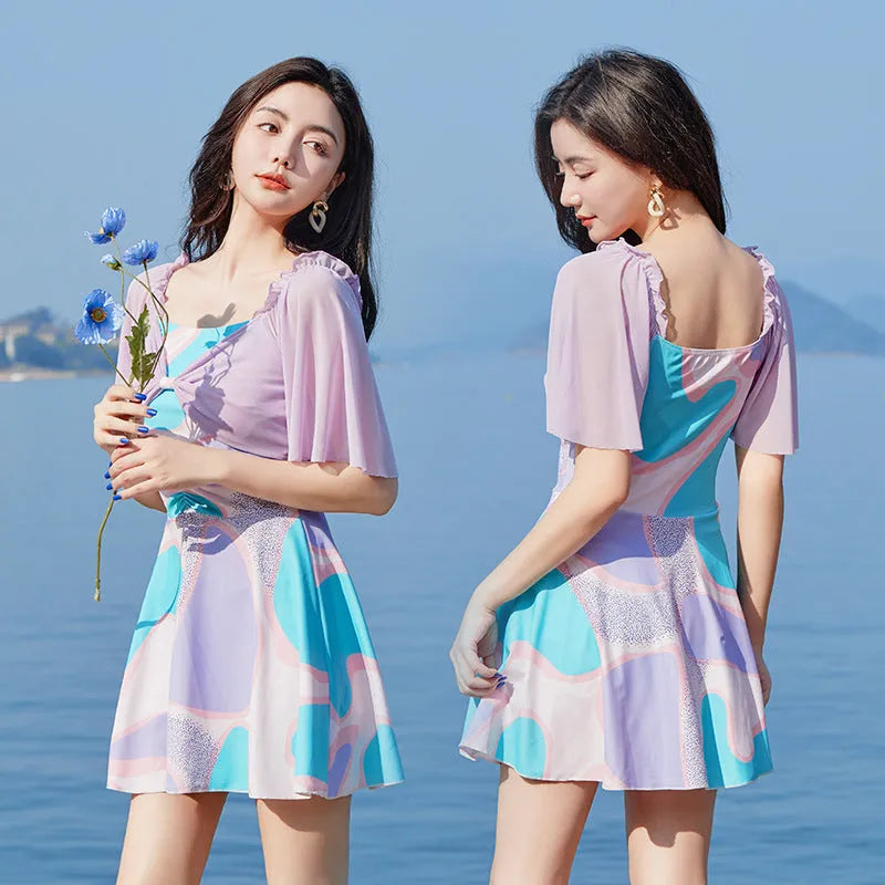 Women's high waist floral one-piece swimsuit in light purple and light blue colour options