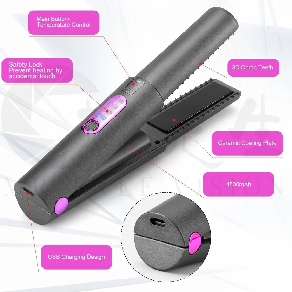 USB charge mini wireless travel hair straightener with ceramic plates in green, grey, or pink colours