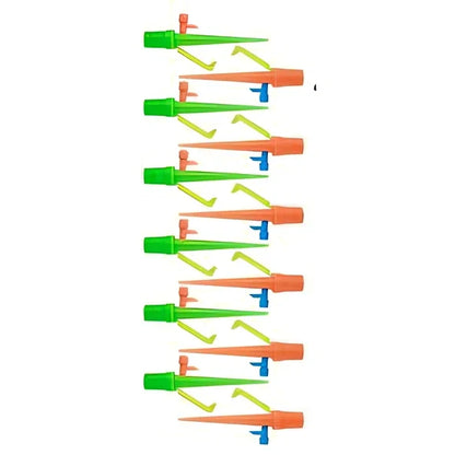 Set of green and orange plastic watering spikes, 16.5 cm tall, for garden plant hydration
