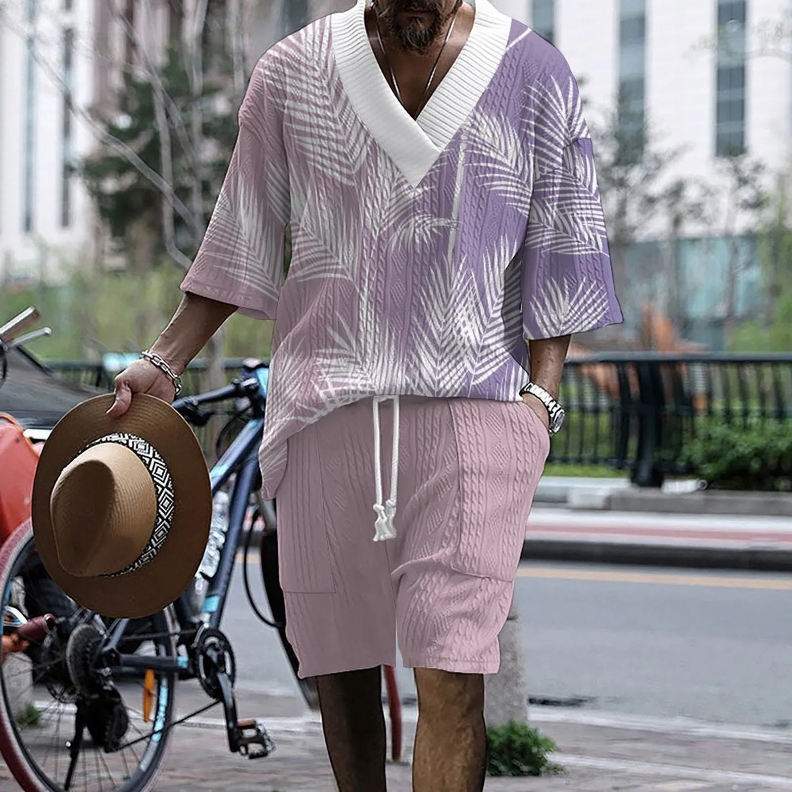 Printed drop-shoulder men's knitted shorts suit in polyester blend, short sleeves and shorts, colour options TH01-362 to TH01-366