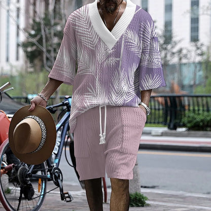 Printed drop-shoulder men's knitted shorts suit in polyester blend, short sleeves and shorts, colour options TH01-362 to TH01-366