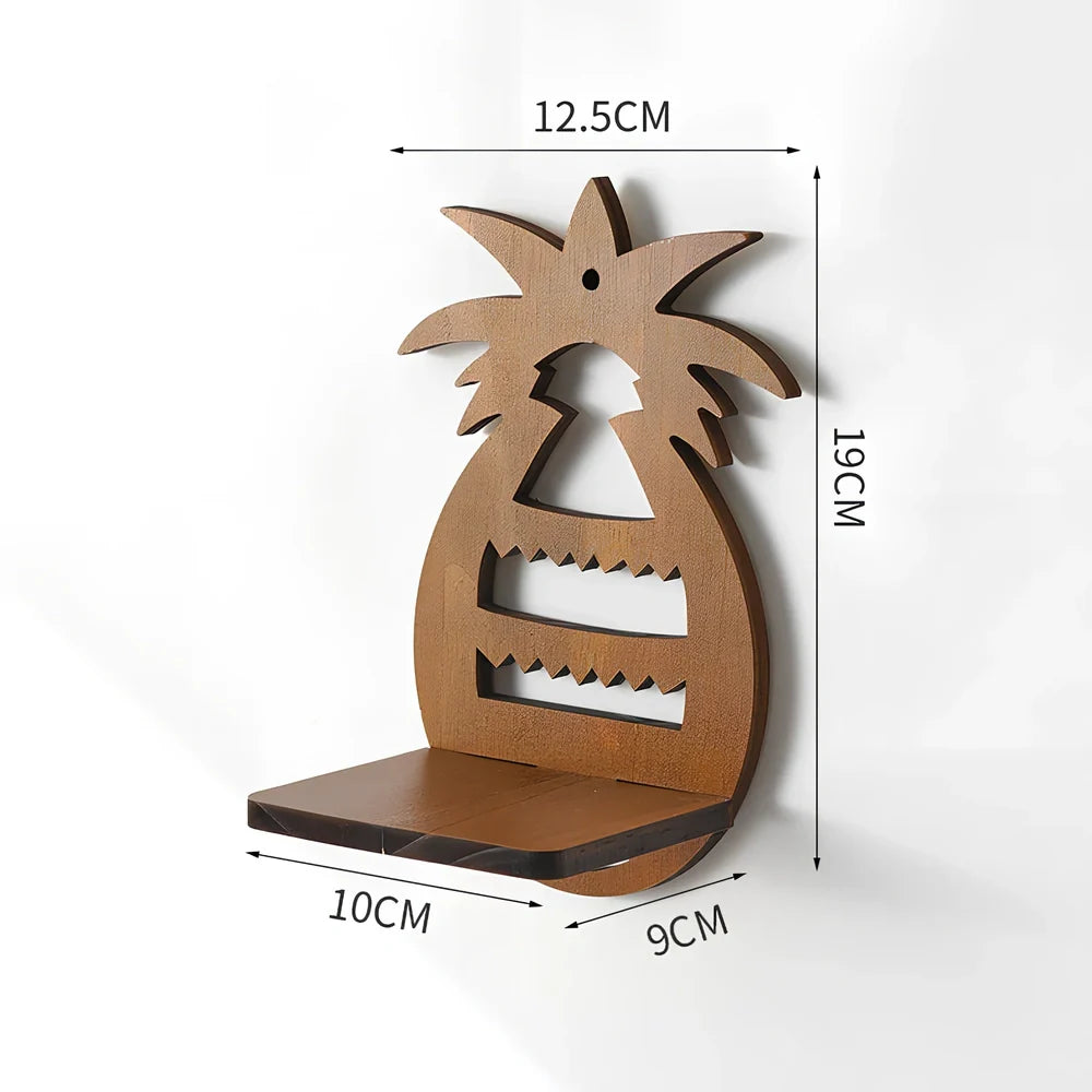 Solid wood wall shelving with irregular shape displaying plants in water bottle reservoirs with retro castle design