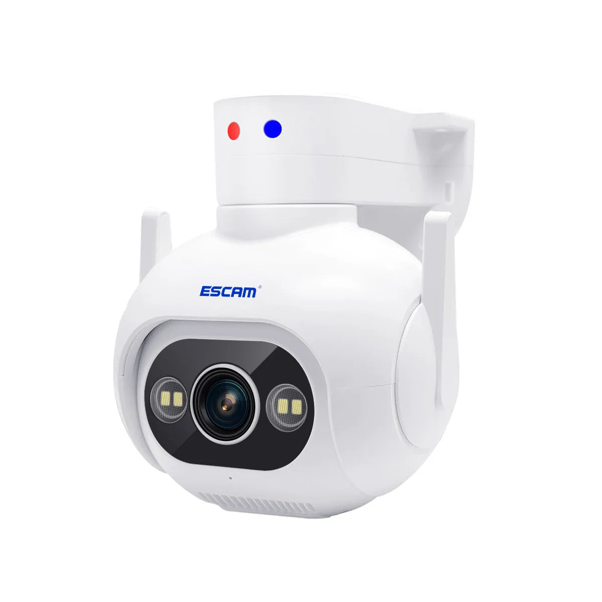 White outdoor security camera with wall mount, featuring smart colour night vision and IP66 waterproof rating.