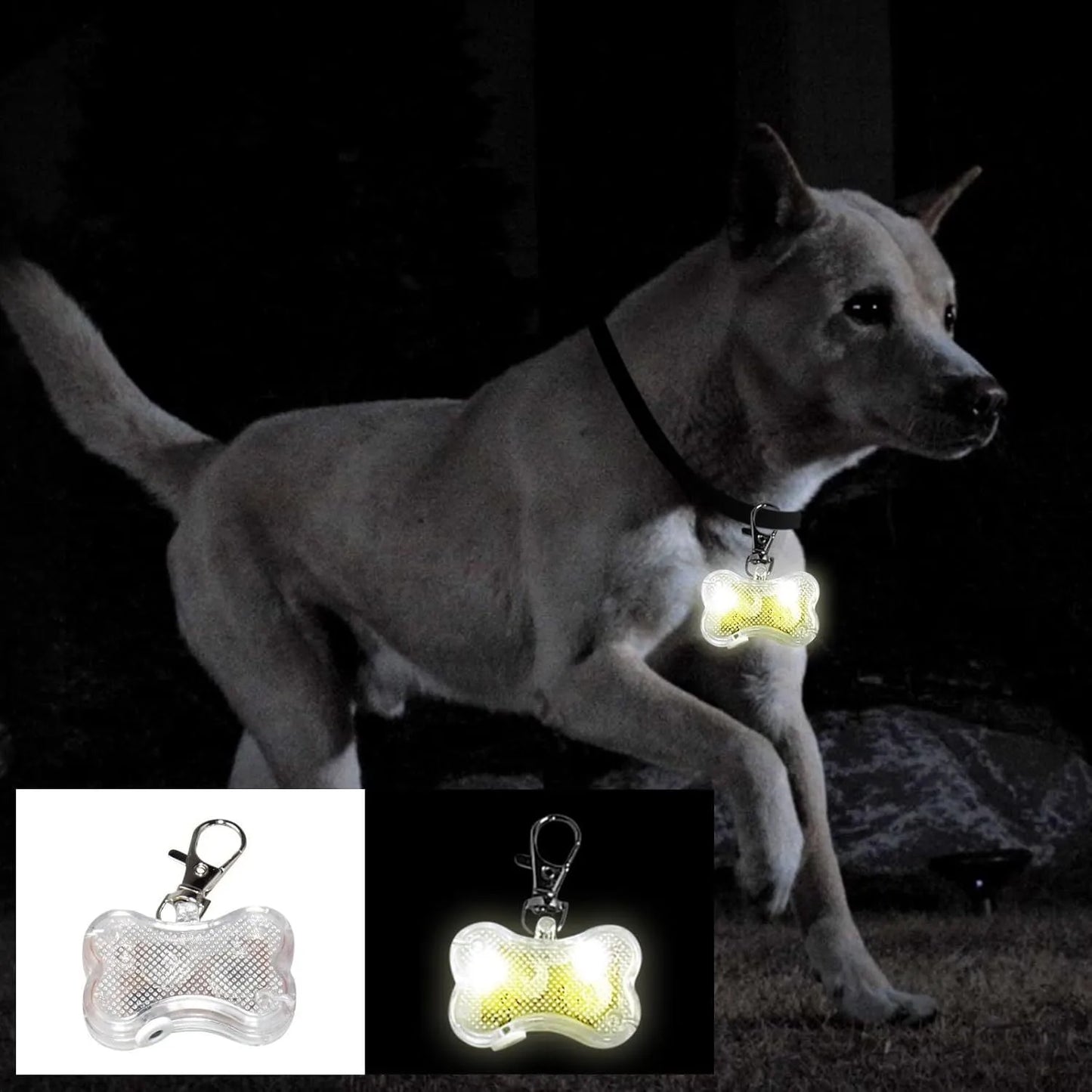 Blue LED bone-shaped pet pendant attached to a collar, showing dimensions of 4cm by 3cm