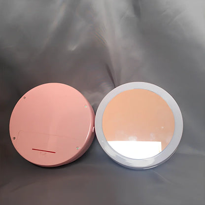 White folding LED makeup mirror showing dual magnification sides and compact storage design