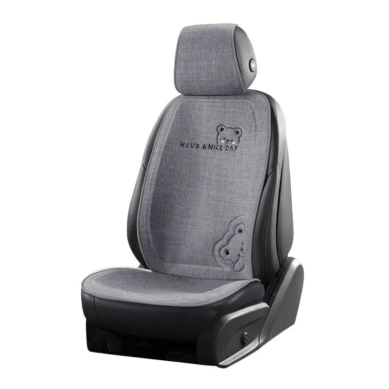Car seat cushion four seasons universal fit lumbar support and headrest set with wool cotton filler in linen cover with cure bear cartoon design available in multiple colours including pearl white grey black blue and pink
