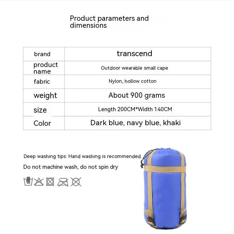 Adult outdoor cloak sleeping bag in Army Green or Grey, showing wearable design and 200x140cm dimensions