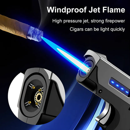 Foldable wind proof lighter showing extended and folded positions with USB charging cable