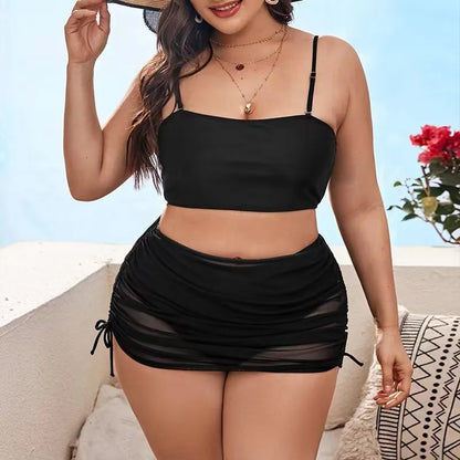 Women's solid colour mesh bikini three-piece set showing top, underwear and apron pieces