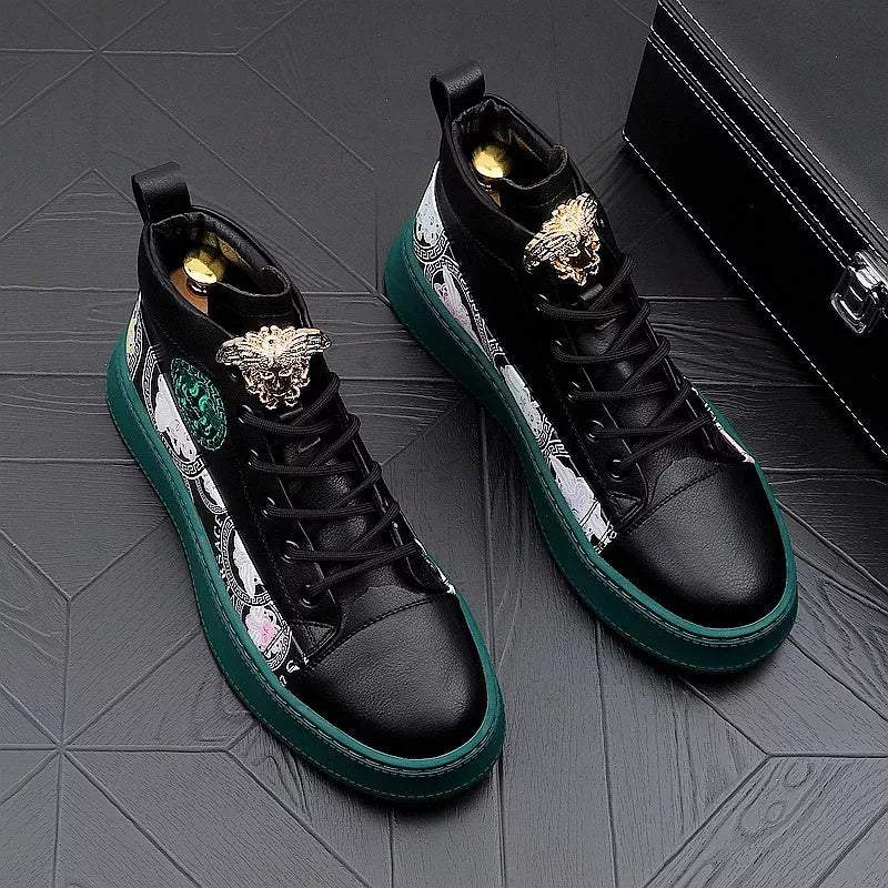 Men's high-top board shoes in black and white with breathable microfiber upper