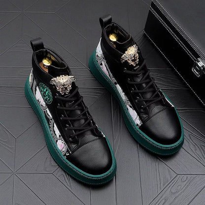 Men's high-top board shoes in black and white with breathable microfiber upper