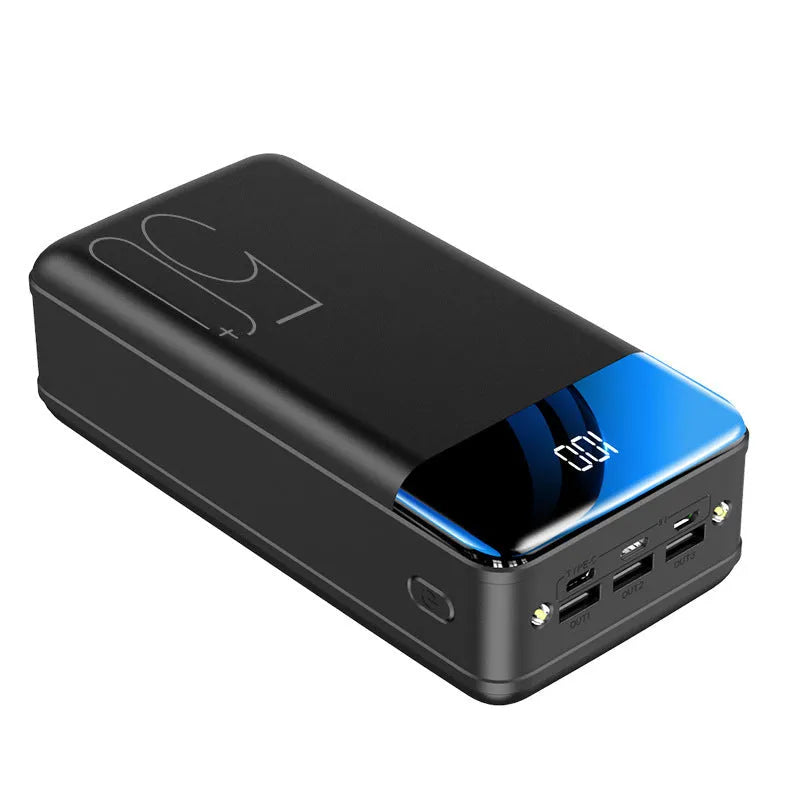 Black or white 50000mAh power bank with three USB output ports, measuring 169x83x52mm