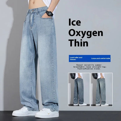 Straight-leg casual trousers in thin denim fabric with zip fly placket, available in UK2560 blue, grey, light blue, and vintage blue colours