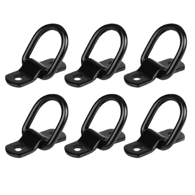 Black galvanised carbon steel truck floor hook with a pull ring for securing cargo straps.