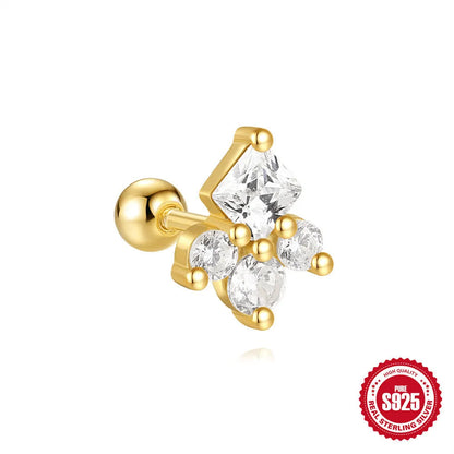 S925 sterling silver floral stud earrings with square gravel detail in a golden electroplated finish.