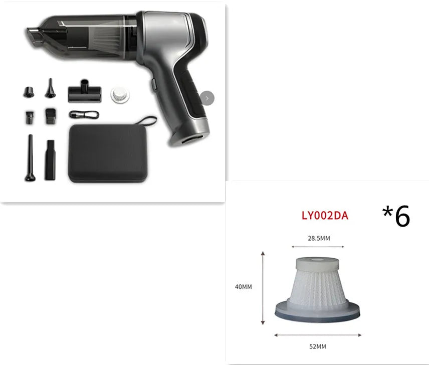 Brushless handheld and vertical car vacuum cleaner with 12000Pa suction, shown with optional EVA storage bag.