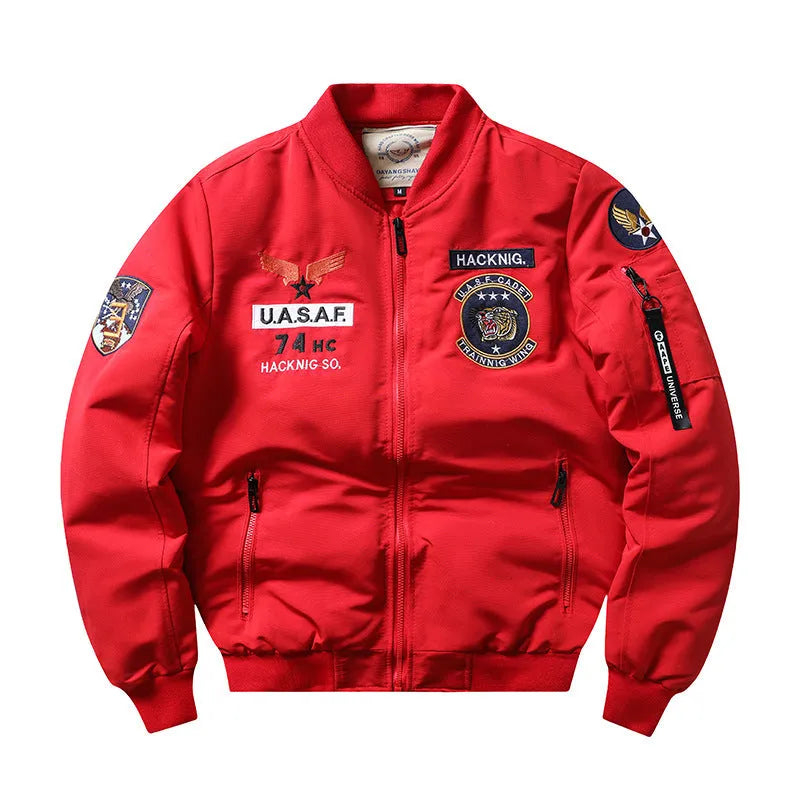 Men's retro embroidery cotton-padded coat with stand collar and patch pockets in blue colour