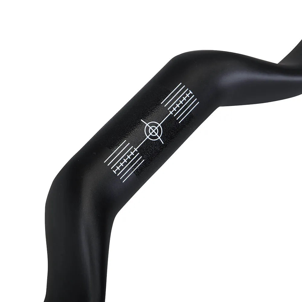 Black carbon fibre road bicycle handlebar showing large-angle outer sweep and 31.8mm clamp area.