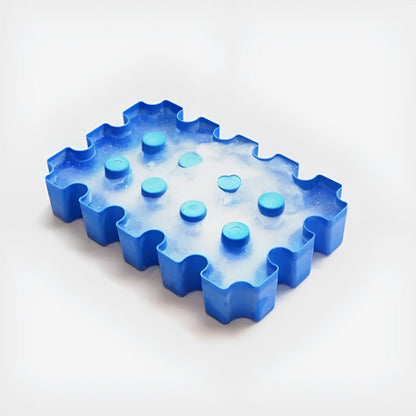 Blue plastic outdoor ice maker tray measuring 34cm long by 22cm wide