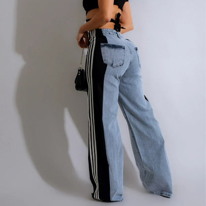 Stylish high-waist denim trousers with patchwork design, available in various color options