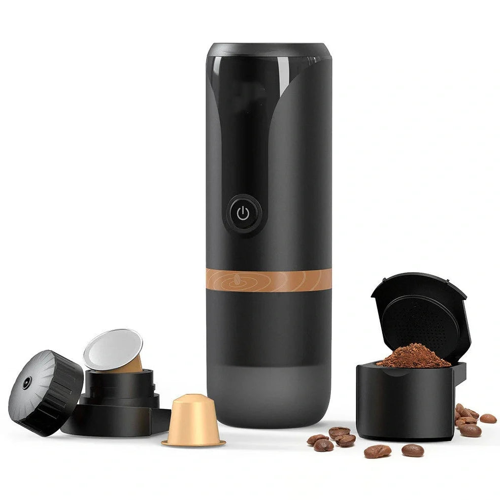 Portable coffee maker with 75mm diameter, dual brewing modes for powder and capsules, showing 9-bar pressure extraction system