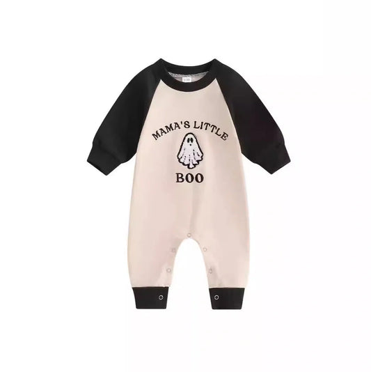 Apricot colour blocked baby jumpsuit with letter ghost embroidery, long sleeves, and pullover closure